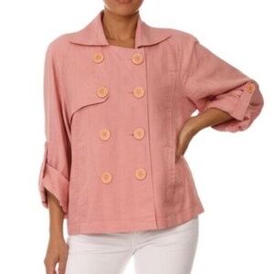 Anthropologie Double Breasted M LINEN Blazer Jacket XLarge Roll Tab Sleeves Pink